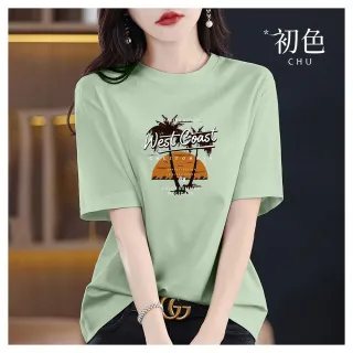 【初色】寬鬆插圖印花圓領短袖休閒T恤上衣女上衣-共10色-12501(M-3XL可選)