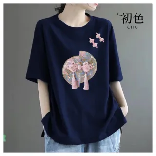【初色】棉麻休閒風大碼寬鬆圓領短袖印花T恤上衣女上衣-共7色-12505(M-2XL可選)