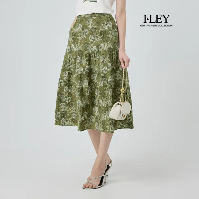 【ILEY 伊蕾】波浪剪接細褶印花中長裙(綠；M-XL；1252072237)