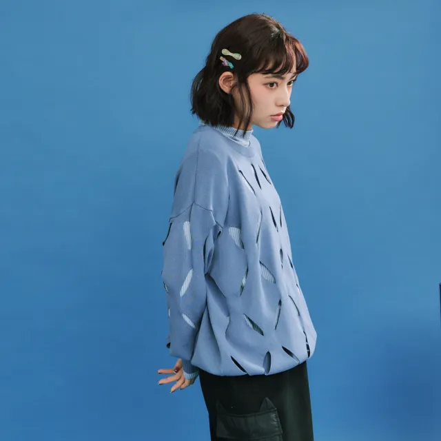 【Dailo】挖剪羅紋鏤空長袖針織上衣(藍 綠 駝/魅力商品)