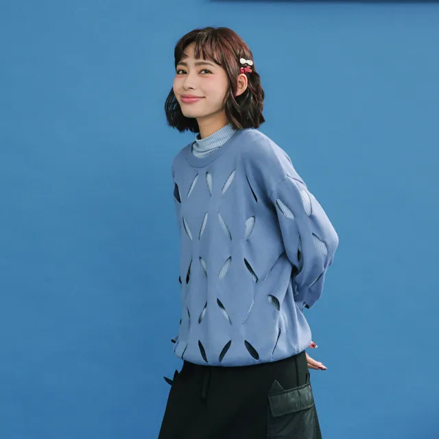 【Dailo】挖剪羅紋鏤空長袖針織上衣(藍 綠 駝/魅力商品)