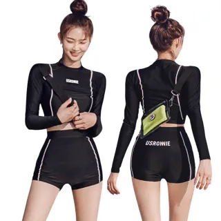 【Kosmiya】1套 兩件式 韓版線條簡約防曬泳裝/水母衣/兩件式泳裝/保守泳裝/溫泉泳裝/防曬泳裝(L-2XL)