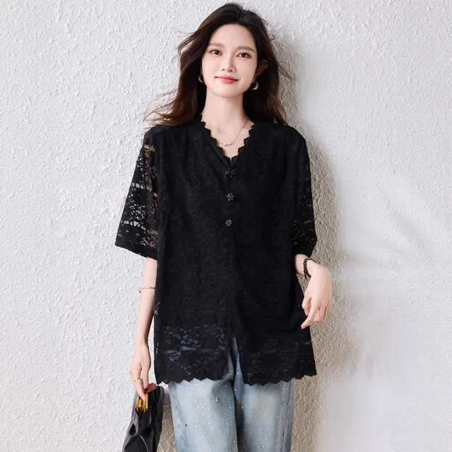 【ALLK 歐楷】新品 蕾絲緹花上衣 黑色(尺寸L-XXL/中大尺碼/涼爽/透氣)