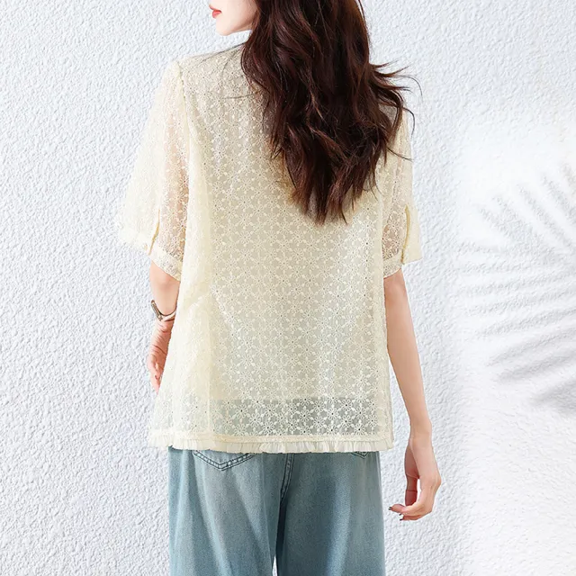 【ALLK 歐楷】新品 蕾絲剪接上衣 米杏色(尺寸L-XXL/中大尺碼/涼爽/透氣)
