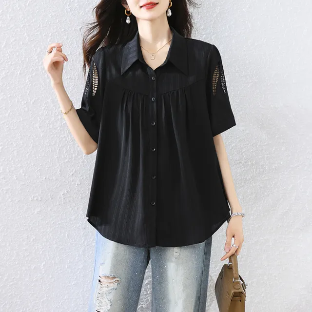【ALLK 歐楷】新品上架 簍空拼接上衣 黑色(尺寸L-XXL/中大尺碼/涼爽/透氣)