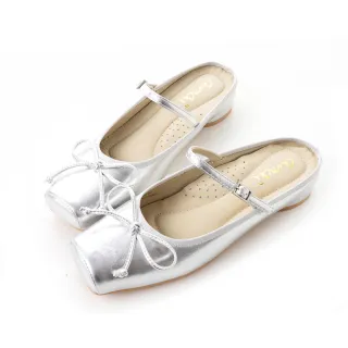 【amai】簡約時尚方頭蝴蝶結低跟穆勒鞋 穆勒鞋 跟鞋 半拖鞋 懶人鞋 中跟 百搭 時尚 大尺碼 ML-12SR(銀色)