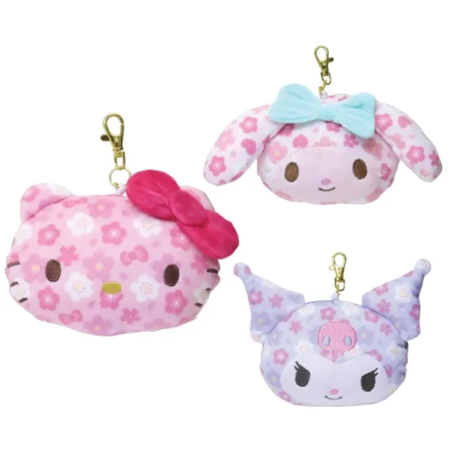 【小禮堂】雙11 Sanrio 三麗鷗 絨毛大臉伸縮票卡零錢包吊飾 櫻花款 Kitty 美樂蒂 酷洛米(平輸品)