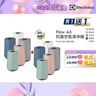 買一送一【Electrolux 伊萊克斯】Flow A3 Air 抗菌空氣清淨機-五色任選(8坪適用FA31-202)