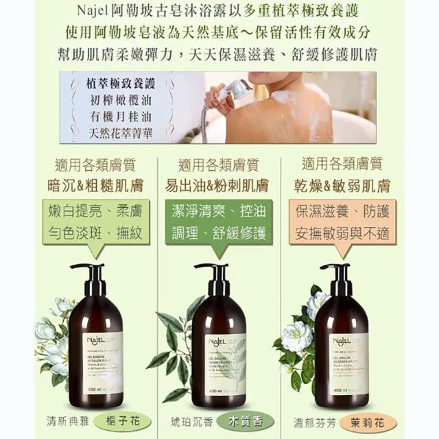 【NAJEL】阿勒坡古皂液保濕草本皂液沐浴乳400mlx3(茉莉花/梔子花/木質沉香)