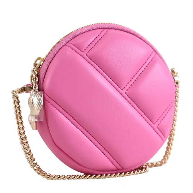 【BVLGARI 寶格麗】品牌經典蛇頭絎縫牛皮圓餅零錢包小廢包斜背包(桃紅)