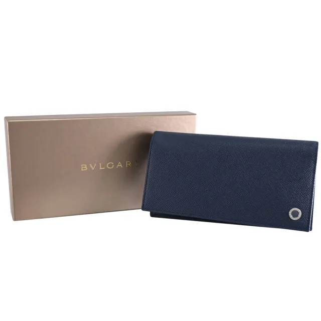 【BVLGARI 寶格麗】簡約金屬釦LOGO牛皮輕便對折零錢長夾(深藍)