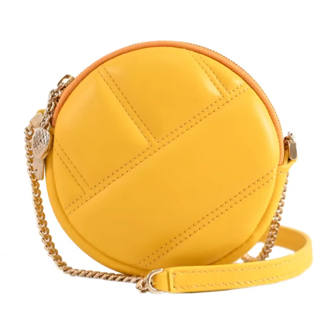 【BVLGARI 寶格麗】品牌經典蛇頭絎縫牛皮圓餅零錢包小廢包斜背包(黃)