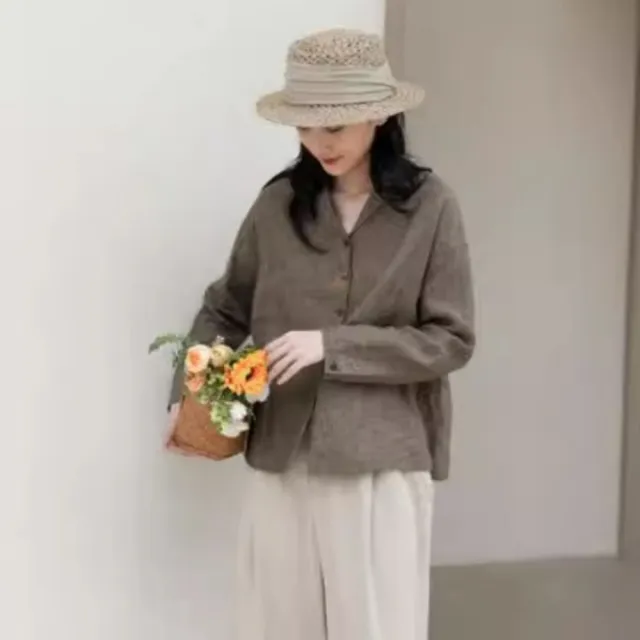 【米蘭精品】現貨+預購 襯衫長袖上衣(亞麻短款早春通勤女裝74kc65)