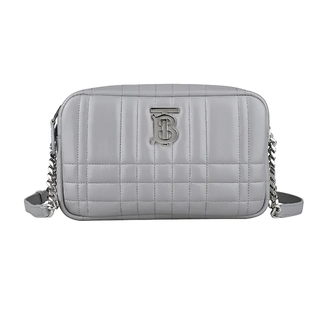 【BURBERRY 巴寶莉】BURBERRY Lola系列銀鍊帶格紋車線小羊皮斜背/相機包(灰)