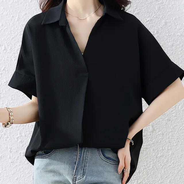 【麗質達人】6528黑色短袖上衣-LY(L-5XL)