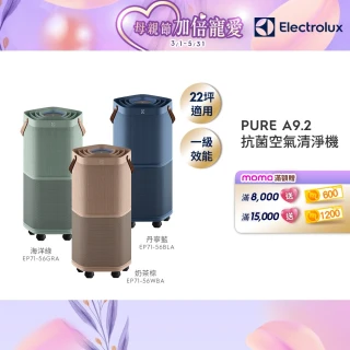 【Electrolux 伊萊克斯】高效能抗菌空氣清淨機 EP71-76BLA 76GRA 76WBA(Pure A9.2 三色任選 29坪內適用)