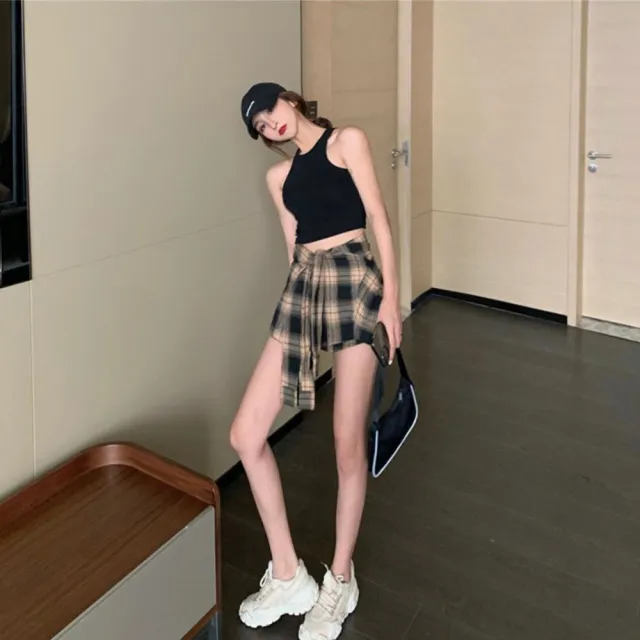 【Pure 衣櫃】韓版背心上衣不規則格子短褲裙兩件套(女套裝/KDAY-329)