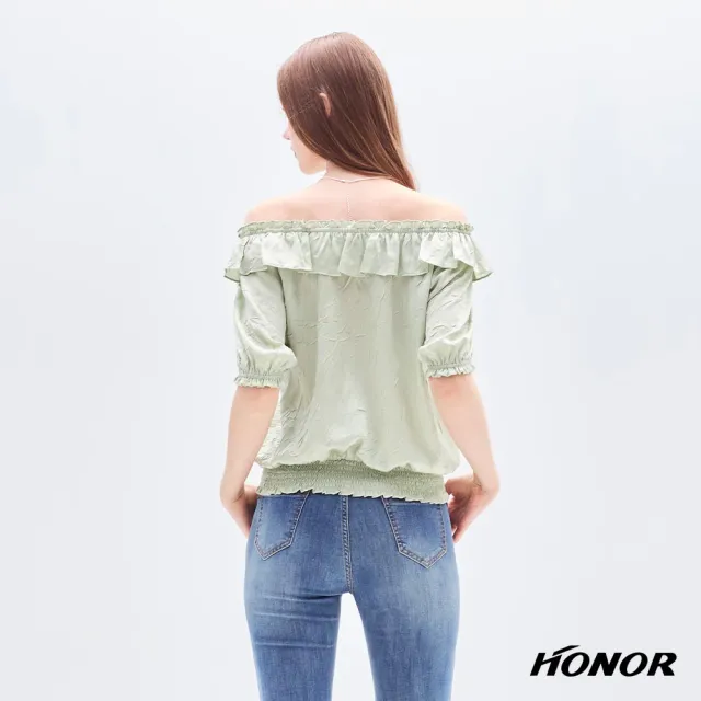 【HONOR 山形屋】出清品 柔美荷葉綁帶鬆緊立體一字領上衣-綠(限定出清)