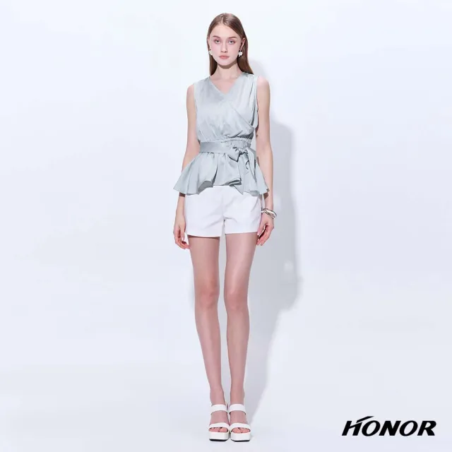 【HONOR 山形屋】出清品 綁帶荷葉下擺交叉收腰無袖上衣-綠(限定出清)