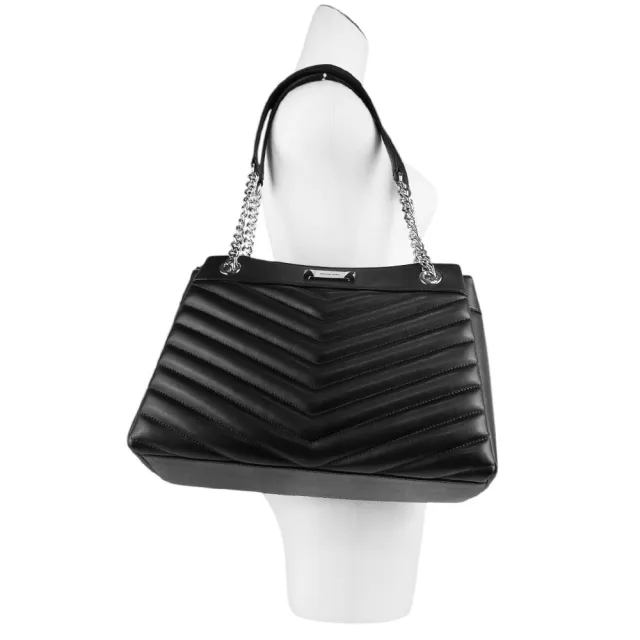 【Michael Kors】Whitney 銀釦縫線皮革鏈帶中型三層托特包(黑色)