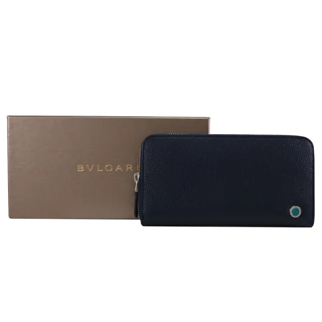 【BVLGARI 寶格麗】簡約金屬釦LOGO牛皮拉鍊發財零錢長夾(深藍)