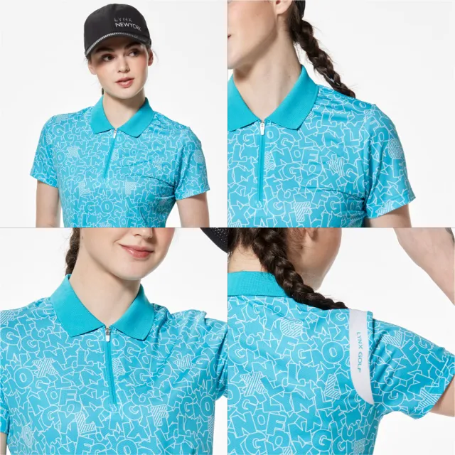 【Lynx Golf】女款吸溼排汗滿版LOGO塗鴉感印花後背配布剪裁短袖立領POLO衫/高爾夫球衫(二色)