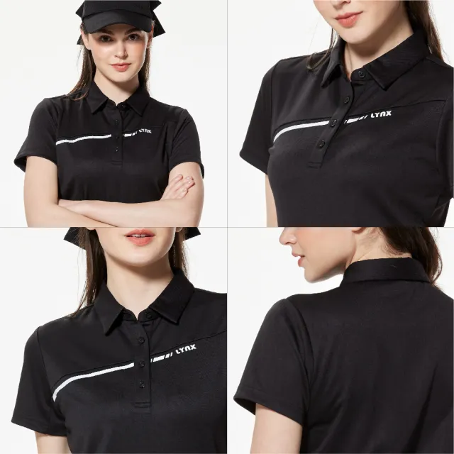 【Lynx Golf】女款合身版吸溼排汗Lynx字樣緹花工藝斜裁剪接配布造型短袖POLO衫/高爾夫球衫(二色)