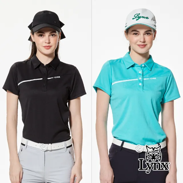 【Lynx Golf】女款合身版吸溼排汗Lynx字樣緹花工藝斜裁剪接配布造型短袖POLO衫/高爾夫球衫(二色)