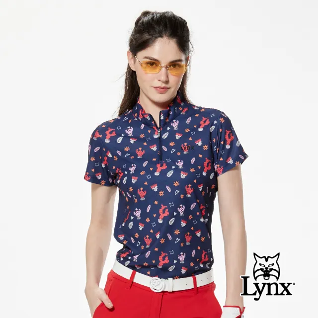 【Lynx Golf】女款吸溼排汗配色羅紋袖異材質剪裁山貓膠標造型短袖立領POLO衫/高爾夫球衫(二色)