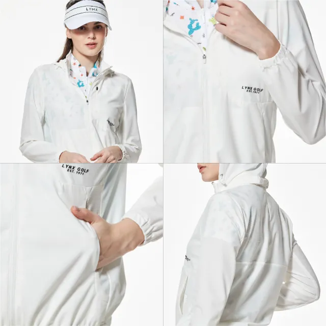 【Lynx Golf】女款抗UV機能彈性舒適後背透氣隱形拉鍊胸袋造型可拆式連帽長袖外套(二色)