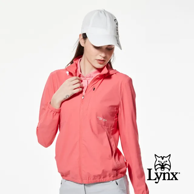 【Lynx Golf】女款抗UV機能彈性舒適後背透氣隱形拉鍊胸袋造型可拆式連帽長袖外套(二色)