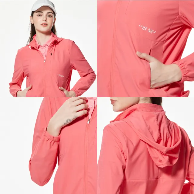 【Lynx Golf】女款抗UV機能彈性舒適後背透氣隱形拉鍊胸袋造型可拆式連帽長袖外套(二色)