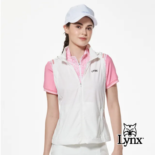 【Lynx Golf】女款抗UV彈性舒適配條羅紋剪接造型拉鍊口袋設計可拆式連帽無袖背心(白色)
