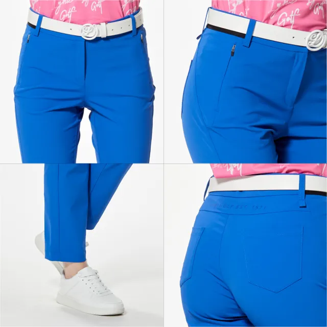 【Lynx Golf】女款吸濕排汗四面彈性剪接壓紋織帶後腰LOGO印花造型隱形拉鍊口袋窄管九分褲(二色)