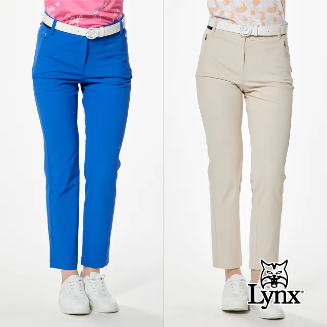 【Lynx Golf】女款吸濕排汗四面彈性剪接壓紋織帶後腰LOGO印花造型隱形拉鍊口袋窄管九分褲(二色)