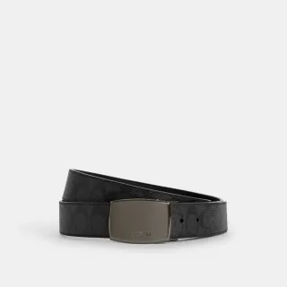 【COACH】蔻馳官方直營 禮盒裝飾片和HARNESS針釦可裁剪雙面皮帶38MM-炭黑色/黑色(CW362)