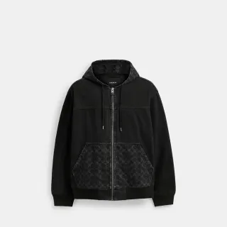 【COACH】蔻馳官方直營 經典Logo丹甯布連帽拉鍊夾克-黑色水洗(CR744)