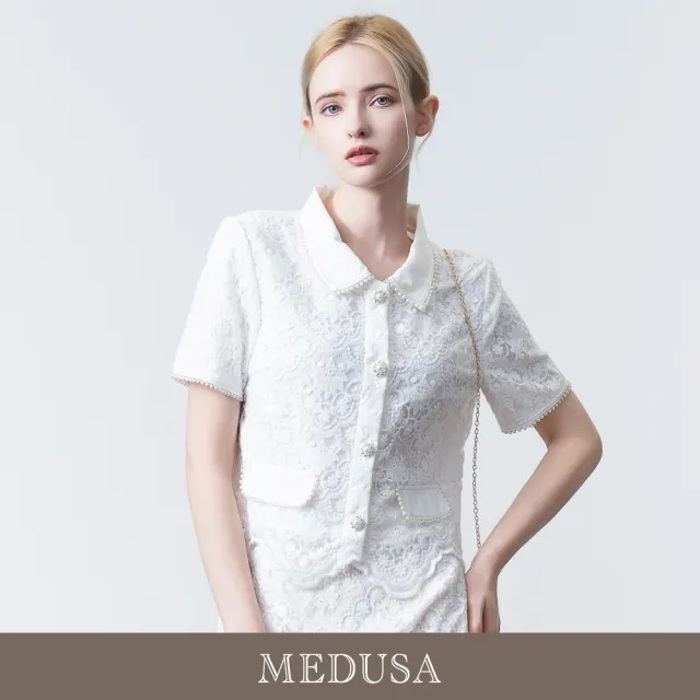 【MEDUSA 曼度莎】現貨-純白雕花不規則蕾絲襯衫(M-XL)|蕾絲上衣 小禮服 小香風 媽媽禮服(601-5300A)
