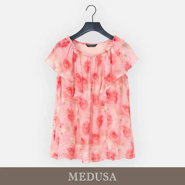 【MEDUSA 曼度莎】現貨-氣質玫瑰荷葉長版雪紡上衣（M-2L）｜女休閒上衣 長版上衣(601-35801)