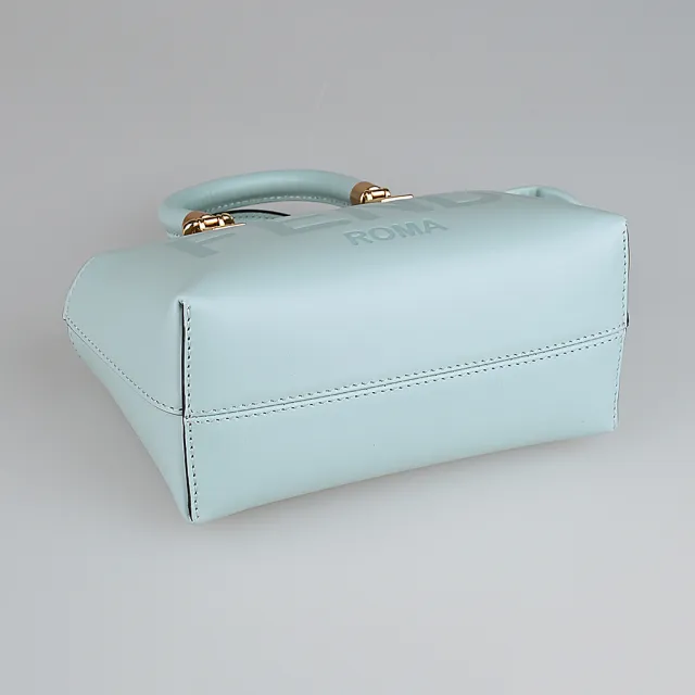 【FENDI 芬迪】FENDI By The Way經典LOGO設計牛皮搭緹花布拉鍊斜背波士頓包(迷你/淺藍灰)