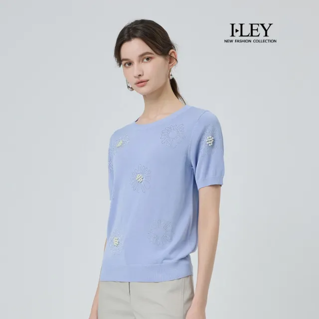 【ILEY 伊蕾】珍珠水鑽莫代爾棉質針織衫(紫；M-2L；1251465013)