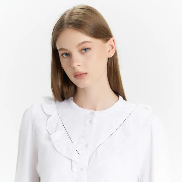 【LEVIS】女款 無領荷葉邊亞麻襯衫 上衣 熱賣單品 A7356-0000