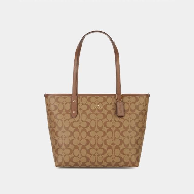 【COACH】蔻馳官方直營 CITY經典Logo拉鍊托特包-IM/卡其色/馬鞍棕色(58292)