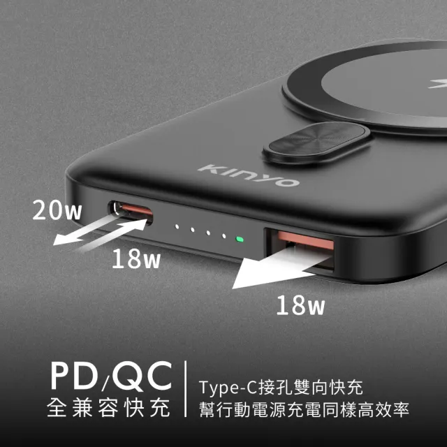 【KINYO】5000mAh 20W快充 小磁片超薄磁吸行動電源(KPB-2512B Type-C/蘋果/無線充)
