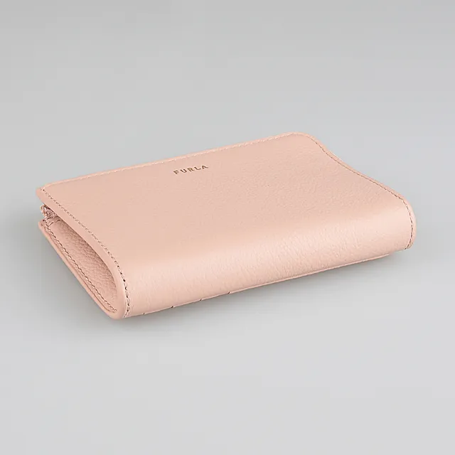【FURLA 芙拉】FURLA Goccia燙金英文LOGO牛皮4卡拉鍊卡夾零錢包(中/粉米色)