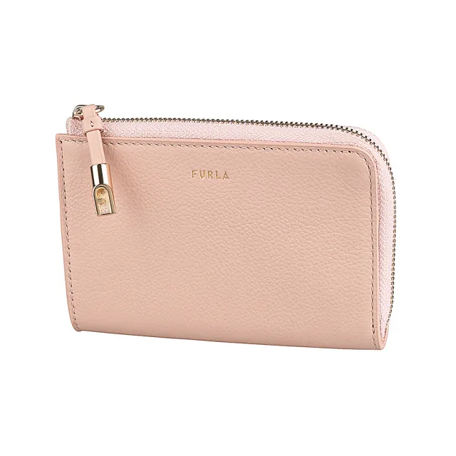 【FURLA 芙拉】FURLA Goccia燙金英文LOGO牛皮4卡拉鍊卡夾零錢包(中/粉米色)
