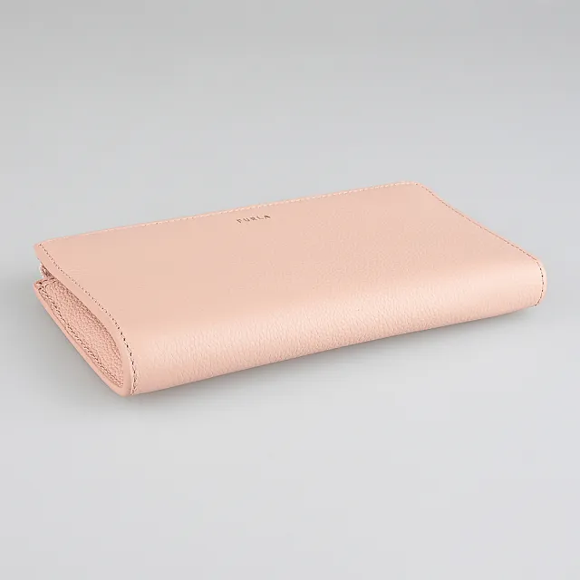【FURLA 芙拉】FURLA Goccia經典金字LOGO牛皮 4卡L型拉鍊長夾(大/粉米色)
