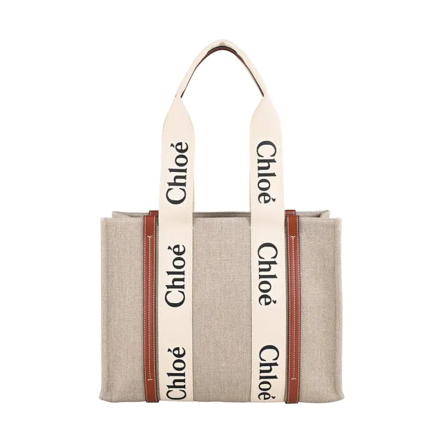 【Chloe’ 蔻依】Chlo☆ Woody印花LOGO線條亞麻帆布搭小牛皮開口式肩背托特包(中/白x棕)