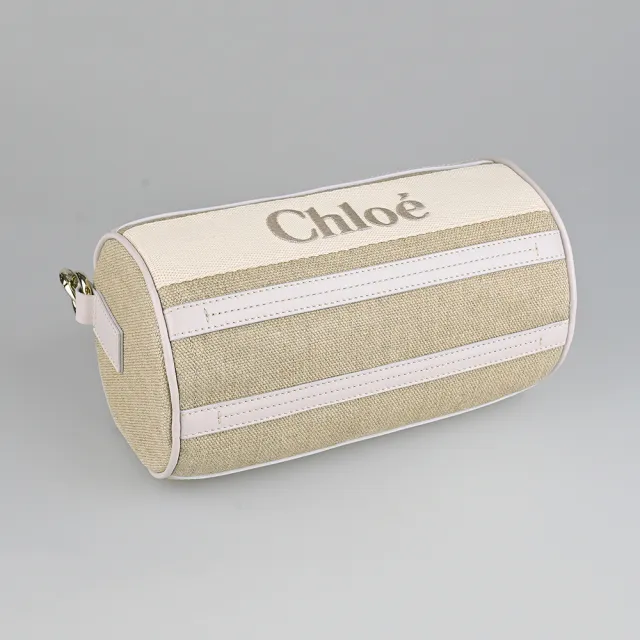 【Chloe’ 蔻依】Chlo☆ Woody經典繡字LOGO亞麻帆布搭小牛皮拉鍊斜背管型包(迷你/野灰x淺米)