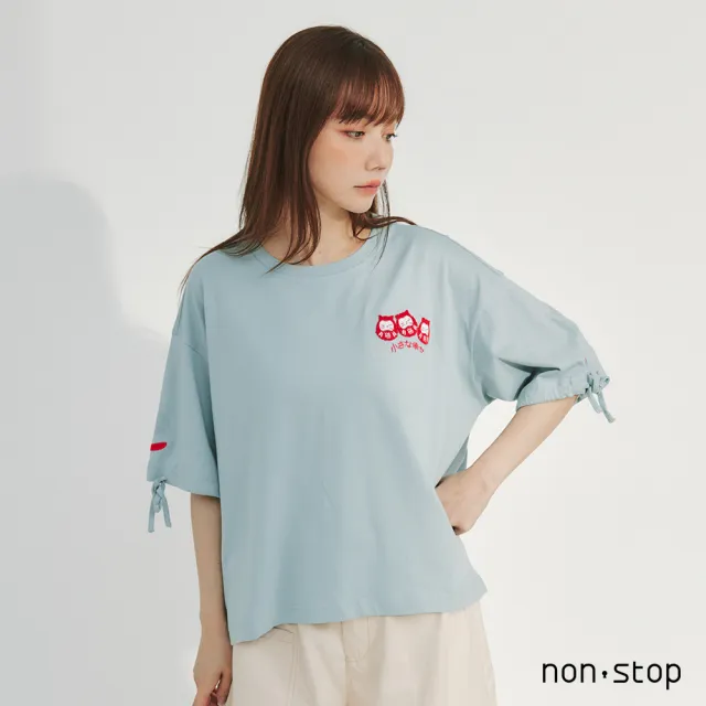 【non-stop】福運達摩刺繡綁結袖T恤-2色